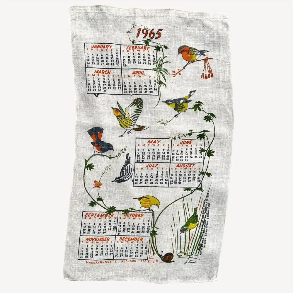 VTG 1965 Linen Tea Towel Calendar Mass Audubon Society Birds, Retro, MCM